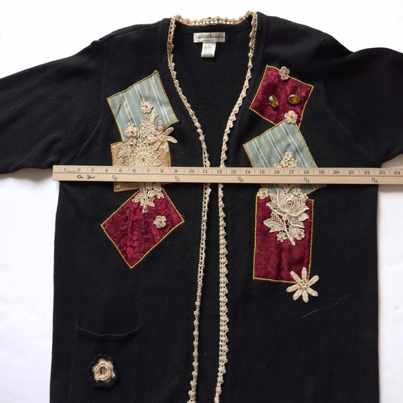 Vintage Shell Kepler Patchwork Beaded Duster Cardigan Large Black Crochet Lace - Picture 12 of 14